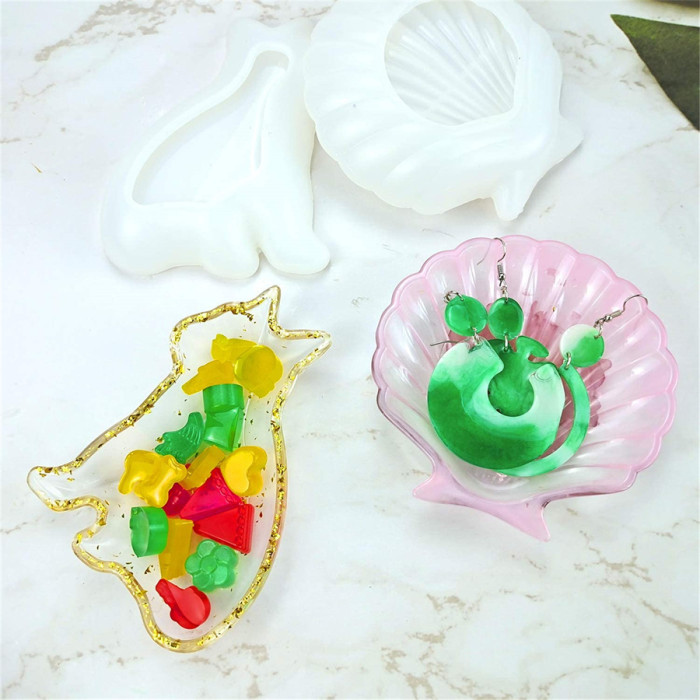 4 Pcs Dish Resin Mold/Flower Cat Sea Shell Bear Shaped Tray Silicone Molds for Epoxy Resin Casting Jewelry Trinket Dish, Ring Holder, Home Decoration