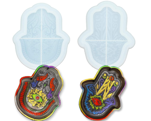 2PCS Hamsa Dish Resin Molds, Evil Eye Hamsa Hand Silicone Epoxy Casting Mold for Soap Dish, Trinket Trays Container, Jewelry Tray