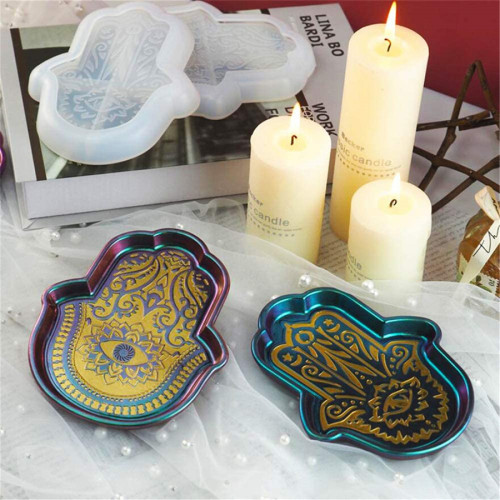 2PCS Hamsa Dish Resin Molds, Evil Eye Hamsa Hand Silicone Epoxy Casting Mold for Soap Dish, Trinket Trays Container, Jewelry Tray