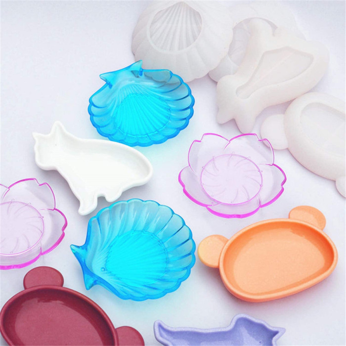 4 Pcs Dish Resin Mold/Flower Cat Sea Shell Bear Shaped Tray Silicone Molds for Epoxy Resin Casting Jewelry Trinket Dish, Ring Holder, Home Decoration