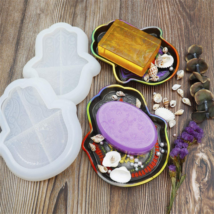 2PCS Hamsa Dish Resin Molds, Evil Eye Hamsa Hand Silicone Epoxy Casting Mold for Soap Dish, Trinket Trays Container, Jewelry Tray