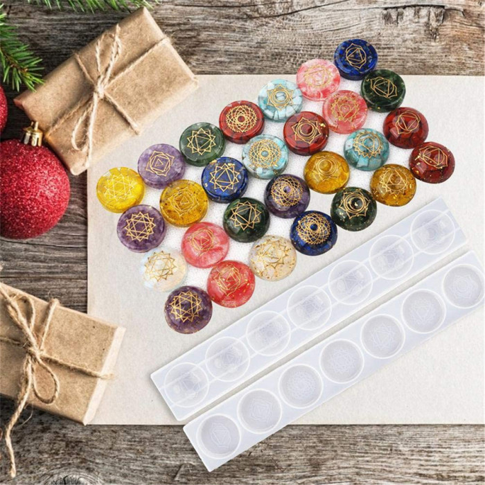7 Chakra Stones Resin Molds, Epoxy Casting Resin Molds Silicone,2 Set Round Reiki Healing Crystal with Engraved Chakra Symbols for Jewelry Pendant,Keychain,Crafts DIY,Wall Hanger,Ornament