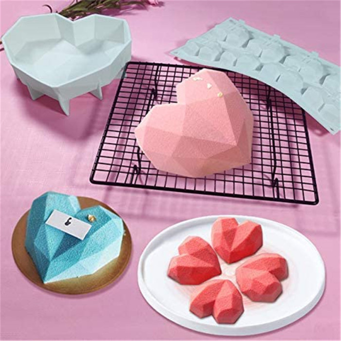 8 Grid Diamond Heart Silicone Cake Chocolate Mold Silicone Baking Pan Mold for DIY Cake Mousse Dessert 3D Diamond Love Heart Shaped Mould for Candy Fondant Cupcake Cheesecake Jelly Christmas Gift