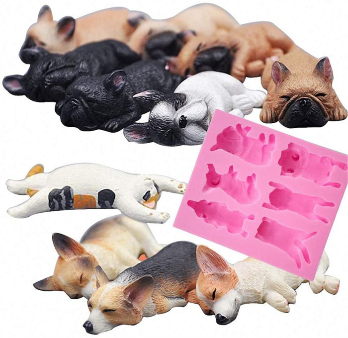 6-Cavity Sleeping Dog Corgi and French Bulldog Silicone Mold for Fondant Chocolate Candy Gum Paste Polymer Clay Resin Kitchen
