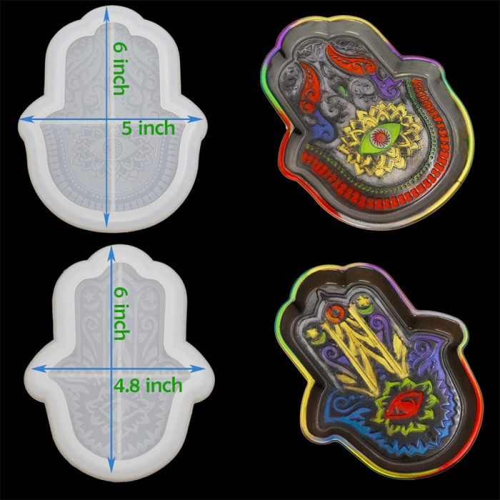 2PCS Hamsa Dish Resin Molds, Evil Eye Hamsa Hand Silicone Epoxy Casting Mold for Soap Dish, Trinket Trays Container, Jewelry Tray, Home Decoration Plate