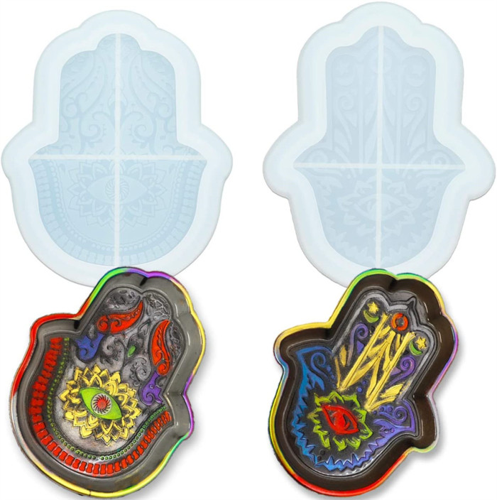 2PCS Hamsa Dish Resin Molds, Evil Eye Hamsa Hand Silicone Epoxy Casting Mold for Soap Dish, Trinket Trays Container, Jewelry Tray, Home Decoration Plate