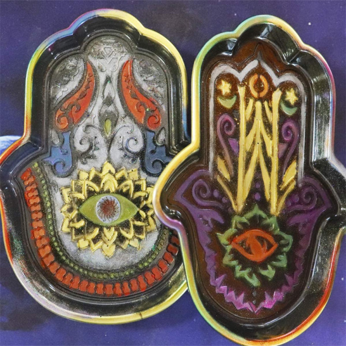 2PCS Hamsa Dish Resin Molds, Evil Eye Hamsa Hand Silicone Epoxy Casting Mold for Soap Dish, Trinket Trays Container, Jewelry Tray, Home Decoration Plate