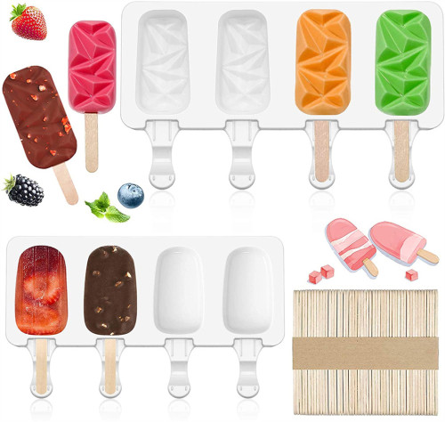 Popsicle Molds Set, 2 Pack 4 Cavities Large Diamond Shaped Silicone Ice Pop Molds with 50 Wooden Sticks, Homemade Popsicle Maker Ice Cream Mold Oval  Molds for DIY Ice Popsicle
