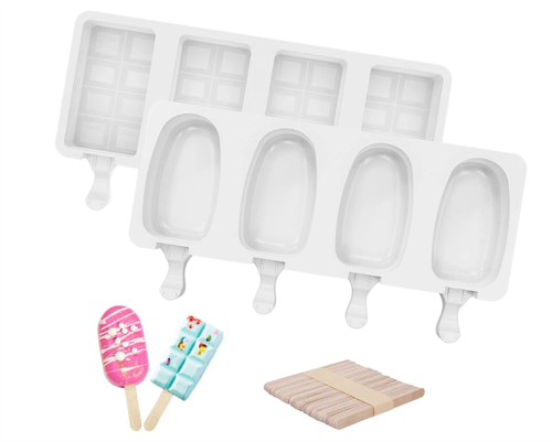 2 Pack Popsicle Molds, 4 Cavities Ice Pop Molds Silicone Popsicle Molds for Kids Easy Release Cake Pop Molds for DIY Popsicles, Popsicle Maker with 50 Wooden Sticks