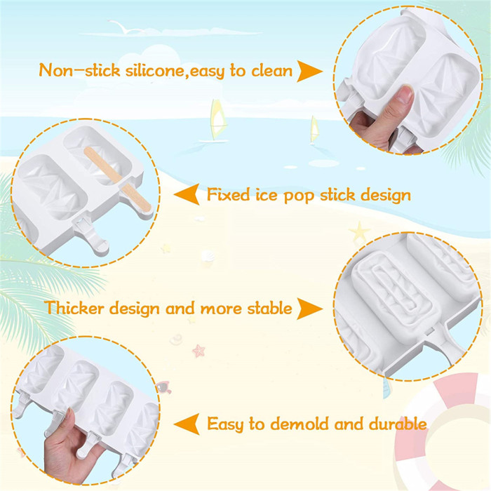 Popsicle Molds Set, 2 Pack 4 Cavities Large Diamond Shaped Silicone Ice Pop Molds with 50 Wooden Sticks, Homemade Popsicle Maker Ice Cream Mold Oval  Molds for DIY Ice Popsicle