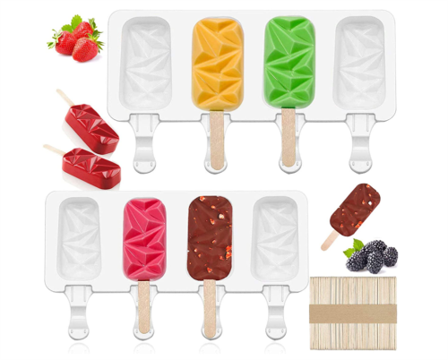 2 Pieces Cakesicle Molds Silicone Popsicle Mold 4 Cavities Large Diamond Shaped Cake Pop Mold Ice Cream Mold with 50 Wooden Sticks Ice Pop Molds for Cake Pop DIY Homemade Ice Cream, Chocolate