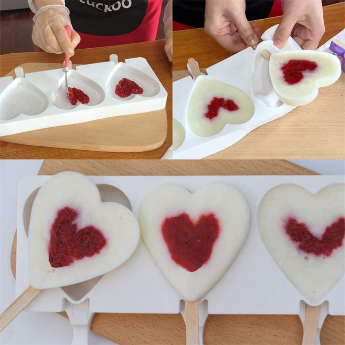 Mini Ice-Cream Silicone Bar Mould, White 3 Cavity Heart Shape Silicone Moulds Popsicle Molds Chocolate Frozen Dessert Tray