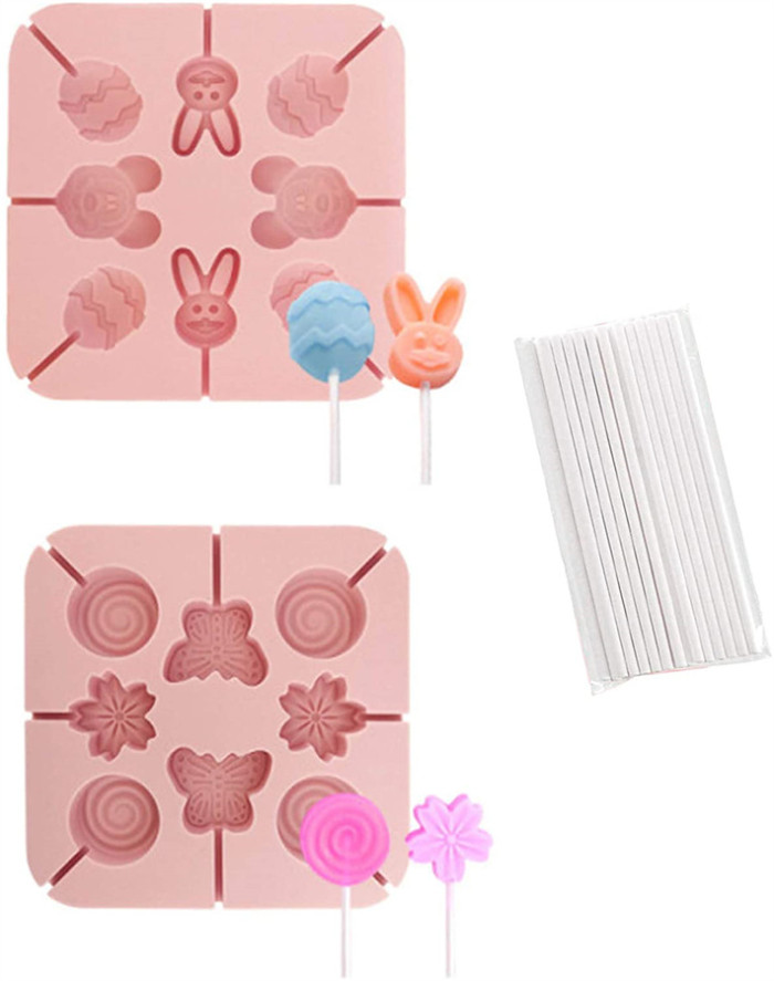 Candy Molds for Lollipop 2 x 8-Cavities Lollipop Molds Chocolate Hard Candy Mold Round Butterfly Flower Easter Bunny & Egg for Kids Baking Birthday Party, with 20 Lollipop Sticks