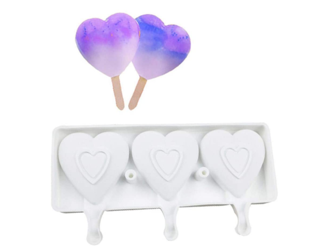 Mini Ice-Cream Silicone Bar Mould, White 3 Cavity Heart Shape Silicone Moulds Popsicle Molds Chocolate Frozen Dessert Tray