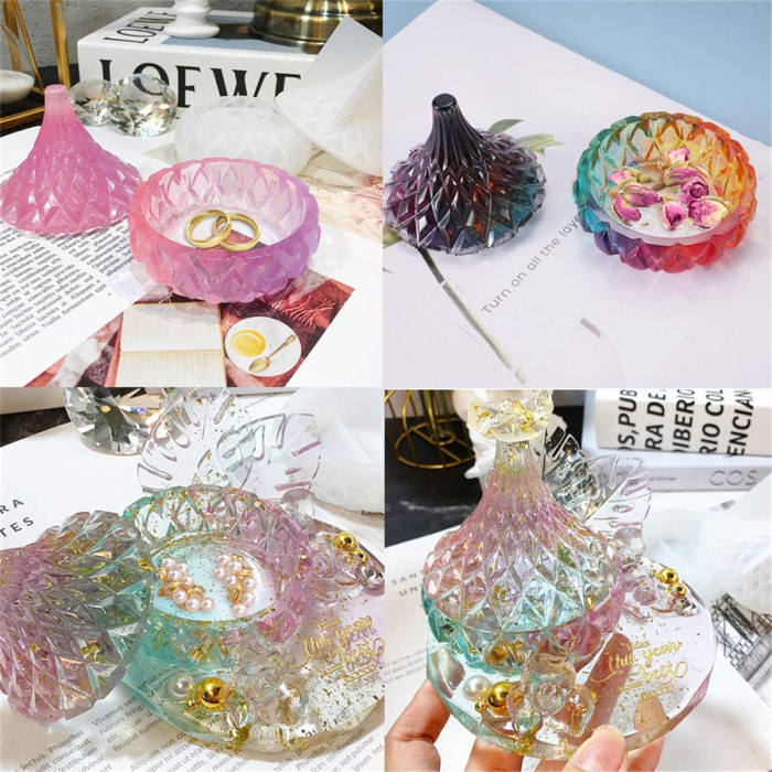 Box Resin Molds with Lid Silicone Pyramid Jewelry Storage Jar Epoxy Resin Casting Molds Round Trinket Gift Box Crystal Clear Flower Pot Mould DIY Box