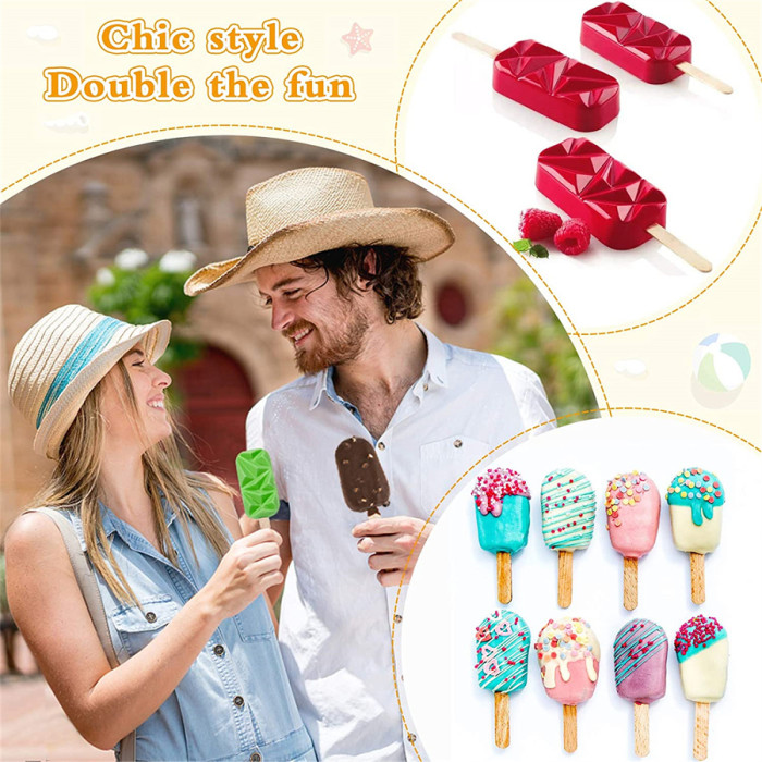Popsicle Molds Set, 2 Pack 4 Cavities Large Diamond Shaped Silicone Ice Pop Molds with 50 Wooden Sticks, Homemade Popsicle Maker Ice Cream Mold Oval  Molds for DIY Ice Popsicle