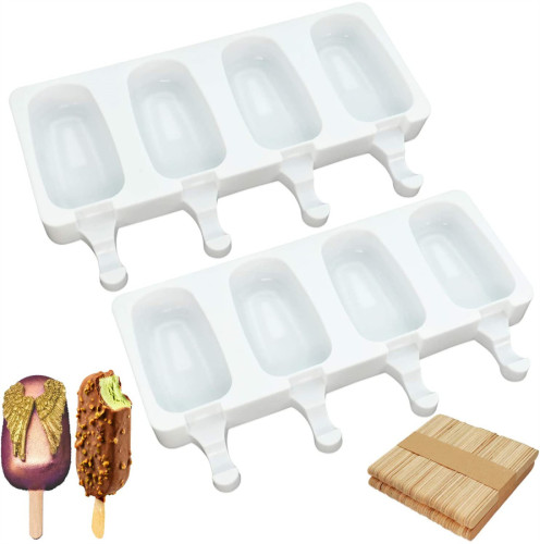 Popsicle Molds (Set of 2), Large Silicone Ice Pop Molds 4 Cavities Oval Homemade Cake Popsicle Maker with 50 Wooden Sticks for DIY Ice Cream Bar