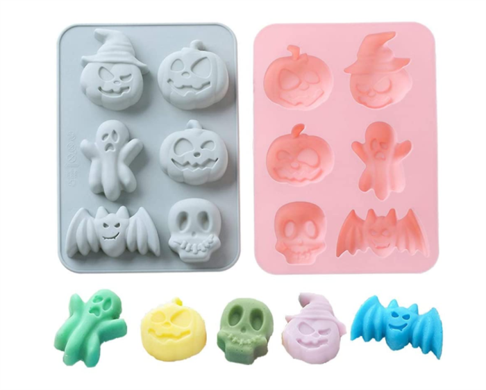 2 Pack Halloween Silicone Cake Mold Pumpkin Bat Skull Ghost Shape Silicone Mold for Chocolate Candy Gummy Jello Ice Cube Crayon Melt Biscuits, Soap Molds Silicone Baking Mold Making Kit for Kids