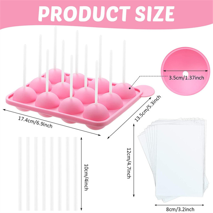 2 Sets Lollipop Cake Maker Set, 12-Hole Cake Pop Mold Silicone Lollipop Mold with Lollipop Sticks  for Cake Pop, Lollipop, Candy, Chocolate (Pink)