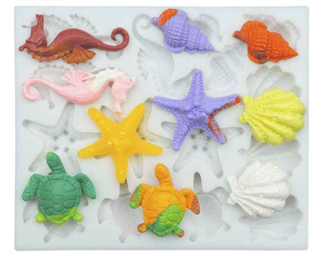 Marine Theme Fondant Silicone Molds, Seashell, Conch, Seahorse, Starfish, Tortoise Silicone Mold for Cake Decoration, Chocolate Candy Sugar Craft