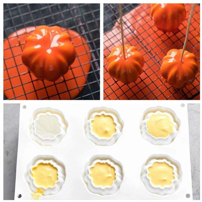 6-Cavity Silicone Molds Baking for Mousse Cake, 3D Baking Molds Dessert Molds for Pastry Truffle Pudding Jelly Cheesecake, Halloween Pumpkin Shape