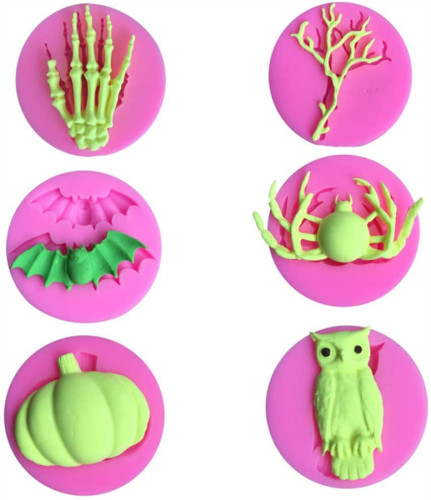 6Pcs/Set Halloween Fondant Molds, Halloween Bat Pumpkin Spider Owl Skeleton Tree Branch Silicone Chocolate Candy Mold for Cake Cupcake Topper Decorating, Gum Paste Polymer Clay Epoxy Resin Mould