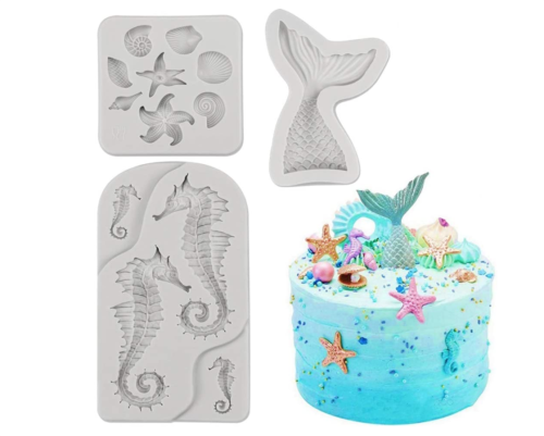 Mermaid Theme Cake Fondant Mold - Seahorse Seashell Starfish Mermaid Tail Silicone Mold for Under The Sea Cake Decoration, Chocolate, Candy, Polymer Clay, Cupcake Decor, Sugar Craft