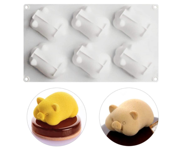 6 Cavity 3D Pig Mousse Cake Baking Pan Cute Piggy Silicone Mold for French Dessert Soap Lotion Bar Plaster Chocolate Candy Mould Cupcake Butter Jello Ice Cube Tray