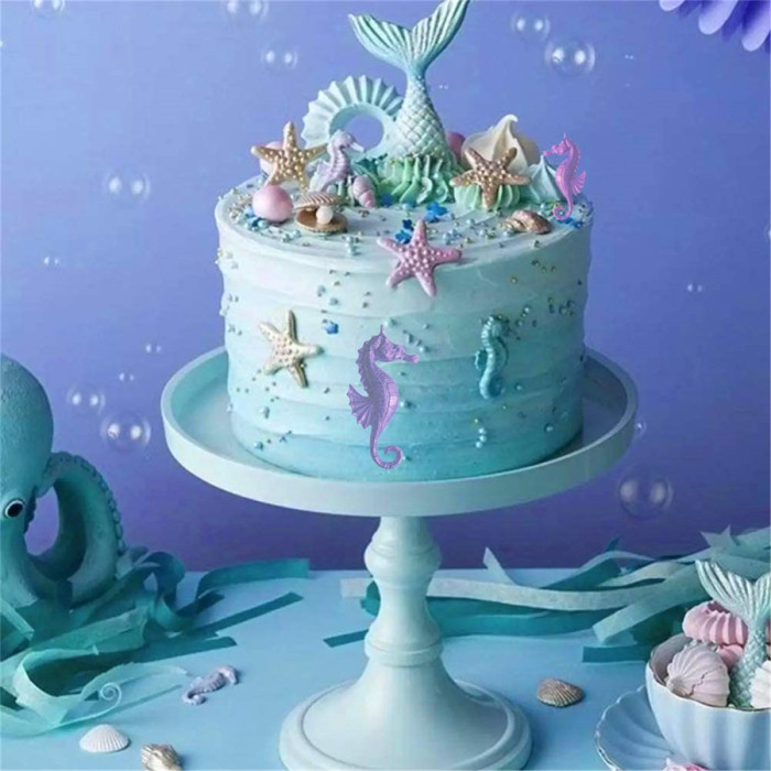 Mermaid Theme Cake Fondant Mold - Seahorse Seashell Starfish Mermaid Tail Silicone Mold for Under The Sea Cake Decoration, Chocolate, Candy, Polymer Clay, Cupcake Decor, Sugar Craft