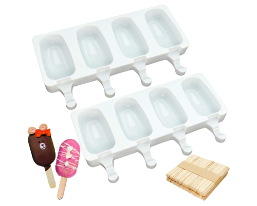 Popsicle Silicone Molds (Set of 2), Ice Pop Molds Mini 4 Cavities Oval Homemade Cake Popsicle Maker with 50 Wooden Sticks for DIY Ice Cream Bar
