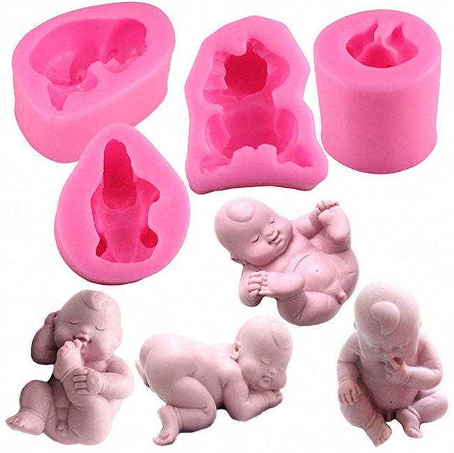 4Pcs/Set 3D Cute Newborn Sleeping Baby Silicone Molds for Chocolate Candy Soap Craft Baby Shower Birthday Party Cake Topper Decoration Supplies
