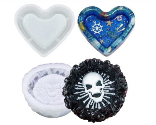2PCS Ashtray Mold for Resin,Skull Ashtray Epoxy Resin Mold,Heart-Shaped Ashtray Silicone Mold,DIY Storage Box Art Molds,Halloween Decoration Molds