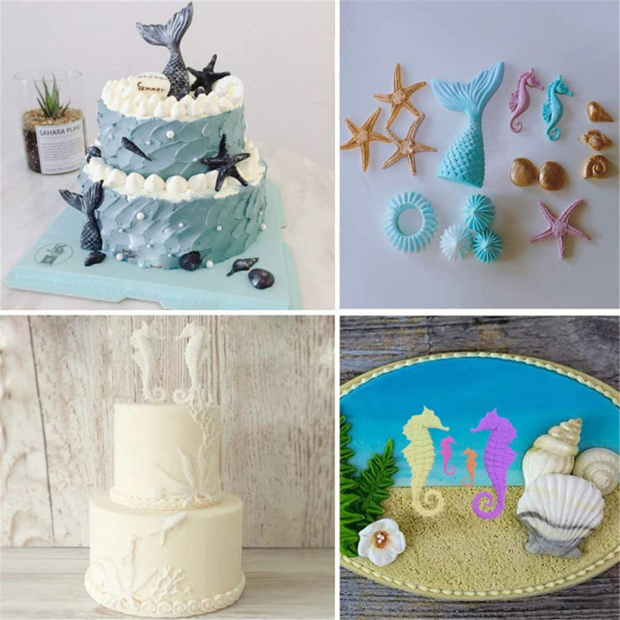 Mermaid Theme Cake Fondant Mold - Seahorse Seashell Starfish Mermaid Tail Silicone Mold for Under The Sea Cake Decoration, Chocolate, Candy, Polymer Clay, Cupcake Decor, Sugar Craft