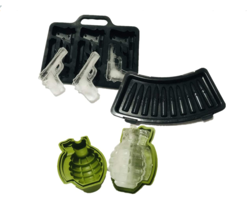 (3 Pack) Ice Cube Mold Set, 3D Silicone & Plastic Weapon Series for Ice Ball, Cake & Chocolate Maker, Contains a Silicone Grenade Mould, a Silicone Pistol Gun Mould and a Plastic Bullet Mould