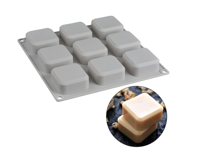 Silicone Soap Molds 9 Cavities Square Soap Mold DIY Handmade Silicone Baking Mold Cake Pan for Soap Making, Ice Making, Pudding, Muffin, Loaf, Brownie, Cornbread and More (Gray)