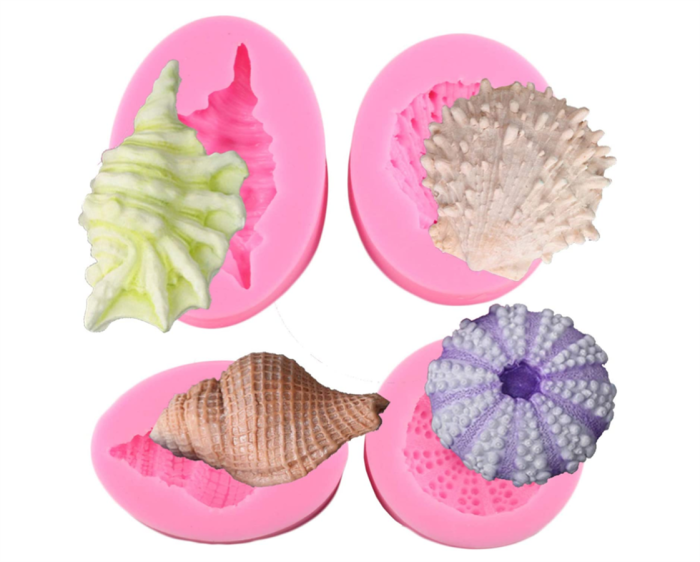 4 different sea creatures fondant molds，great to make seashell starfish conch shaped soap and silicone molds for DIY cake decoration