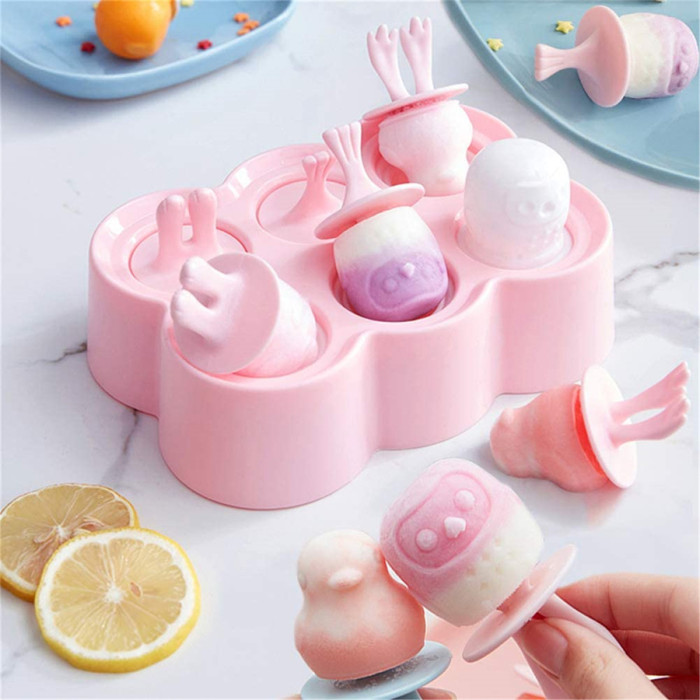 DIY Popsicle Makers Easy-release Ice Cream Tray Holder for Kids, Mini Cute Animals Design, Kitchen Gadget (Pink)