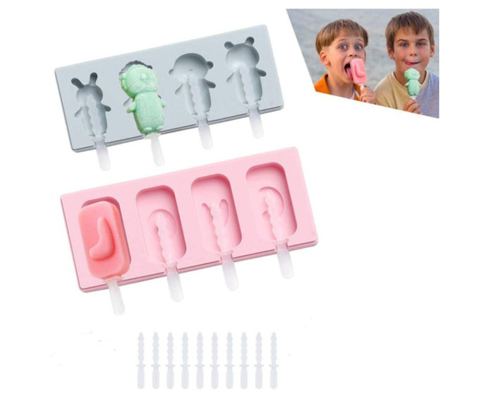 2 sets Popsicle Molds, 4-Cavities Homemade Silicone Ice Pop Mold with Lid, Cute Cartoon Animals shape Ice Cream Mould for Kids, 40 Plastic Rod