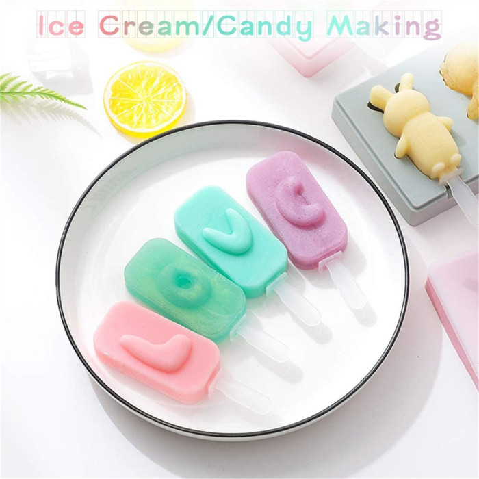 2 sets Popsicle Molds, 4-Cavities Homemade Silicone Ice Pop Mold with Lid, Cute Cartoon Animals shape Ice Cream Mould for Kids, 40 Plastic Rod