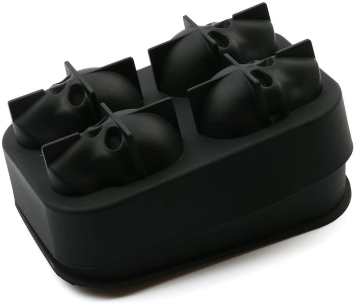 3D Skull Silicone Ice Cube Mold Tray, 4 Cute Ice Skull Cube Maker Round Reusable and Easy Release for Whiskey and Cocktails, Black