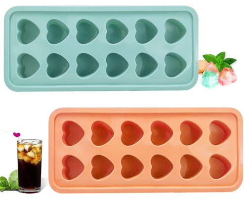 Ice Cube Trays Heart Shaped, 2 Pack 12-Cavity BPA Free Silicone Ice Cube Molds, Reusable and Easy-release Ice Trays for Freezer, Cocktails, Whiskey, Food, Chocolate(Green and Orange)