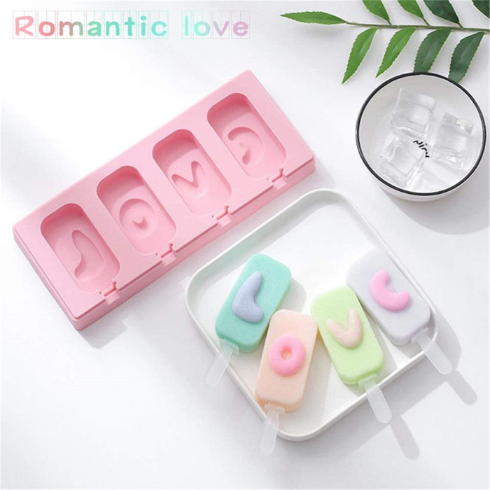 2 sets Popsicle Molds, 4-Cavities Homemade Silicone Ice Pop Mold with Lid, Cute Cartoon Animals shape Ice Cream Mould for Kids, 40 Plastic Rod