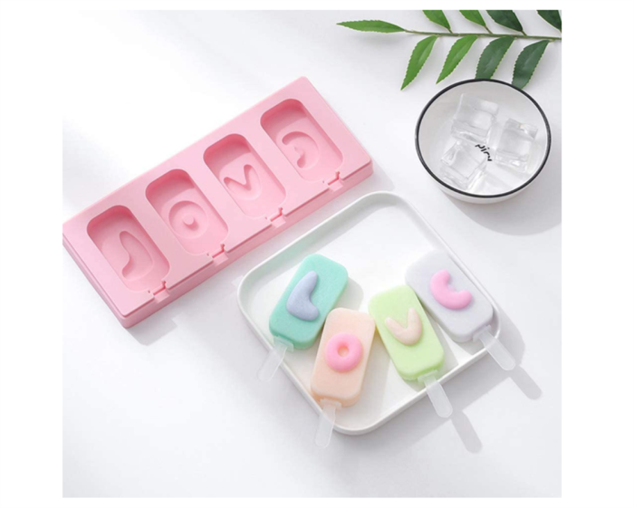 Popsicle Silicone Molds with Lid, Ice Cream Bar Mold For Children, 4 Cavities Silicone Ice Pop Reusable Mold with 20 Sticks