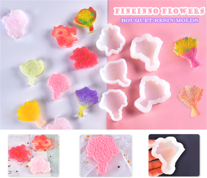 6 Pcs Keychain Charm Epoxy Resin Silicone Molds Flower Bouquet Casting Molds for DIY Plaster UV Resin Crafts Tag Badge Wedding Favors Deco