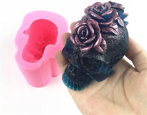 3D Skull Resin Mold with Rose for DIY Halloween Plaster, Candle Making Kit, Handmade Soap, Cake Decor - Silicone Epoxy Polymer Clay Mould