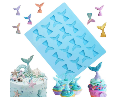 16 Cavity Mermaid Tail Silicone Mold for Fondant, Cake Decoration, Chocolate, Soap, Candy, Jello, Cupcake Topper, Gumpaste, Clay, Ice