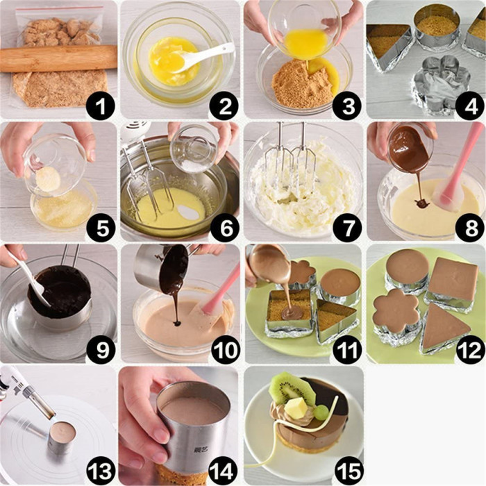 5 Pack Stainless Steel Cake Rings,Mousse and Pastry Mini Baking Cake Ring Mold with Pusher,Cookie Cutters Set for Baking,Small Cake Ring Set for Kids Girls ,Salad Dessert Mold and Cake Decorating Tool (Round,Heart,Plum Blossom,Square,Triangle)