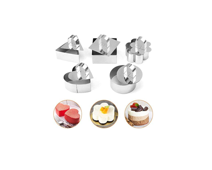 5 Pack Stainless Steel Cake Rings,Mousse and Pastry Mini Baking Cake Ring Mold with Pusher,Cookie Cutters Set for Baking,Small Cake Ring Set for Kids Girls ,Salad Dessert Mold and Cake Decorating Tool (Round,Heart,Plum Blossom,Square,Triangle)