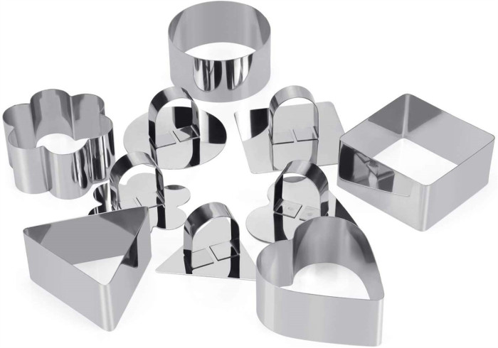 5 Pack Stainless Steel Cake Rings,Mousse and Pastry Mini Baking Cake Ring Mold with Pusher,Cookie Cutters Set for Baking,Small Cake Ring Set for Kids Girls ,Salad Dessert Mold and Cake Decorating Tool (Round,Heart,Plum Blossom,Square,Triangle)