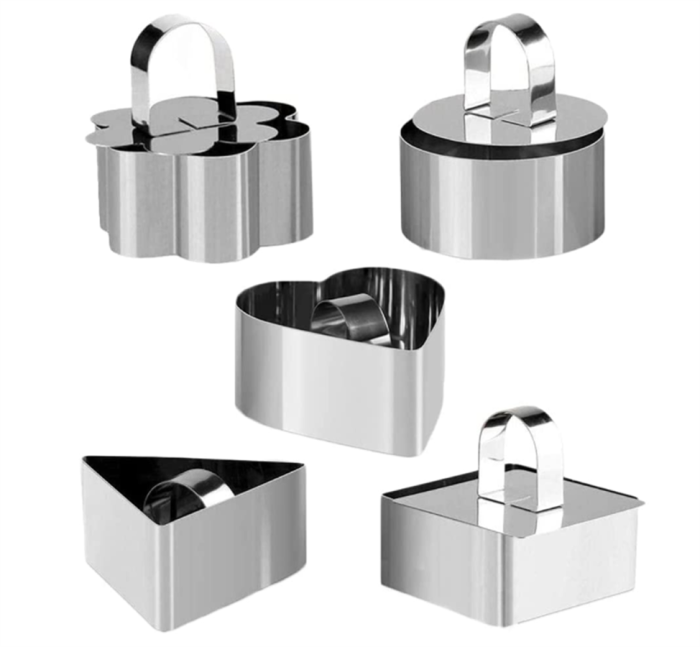 5 Pack Stainless Steel Cake Rings,Mousse and Pastry Mini Baking Cake Ring Mold with Pusher,Cookie Cutters Set for Baking,Small Cake Ring Set for Kids Girls ,Salad Dessert Mold and Cake Decorating Tool (Round,Heart,Plum Blossom,Square,Triangle)